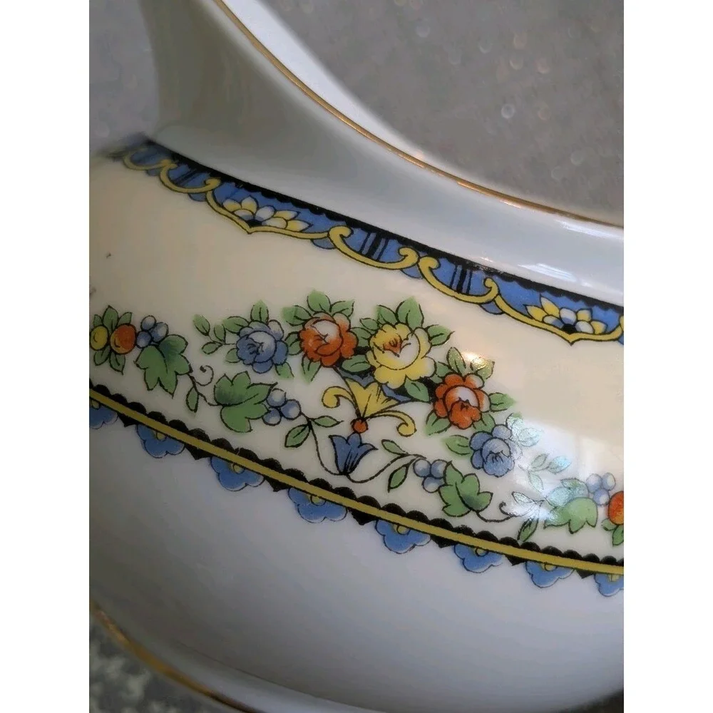 Noritake Avril China Creamer & Sugar w Lid 1918-1931 Floral Gold Blue Antique